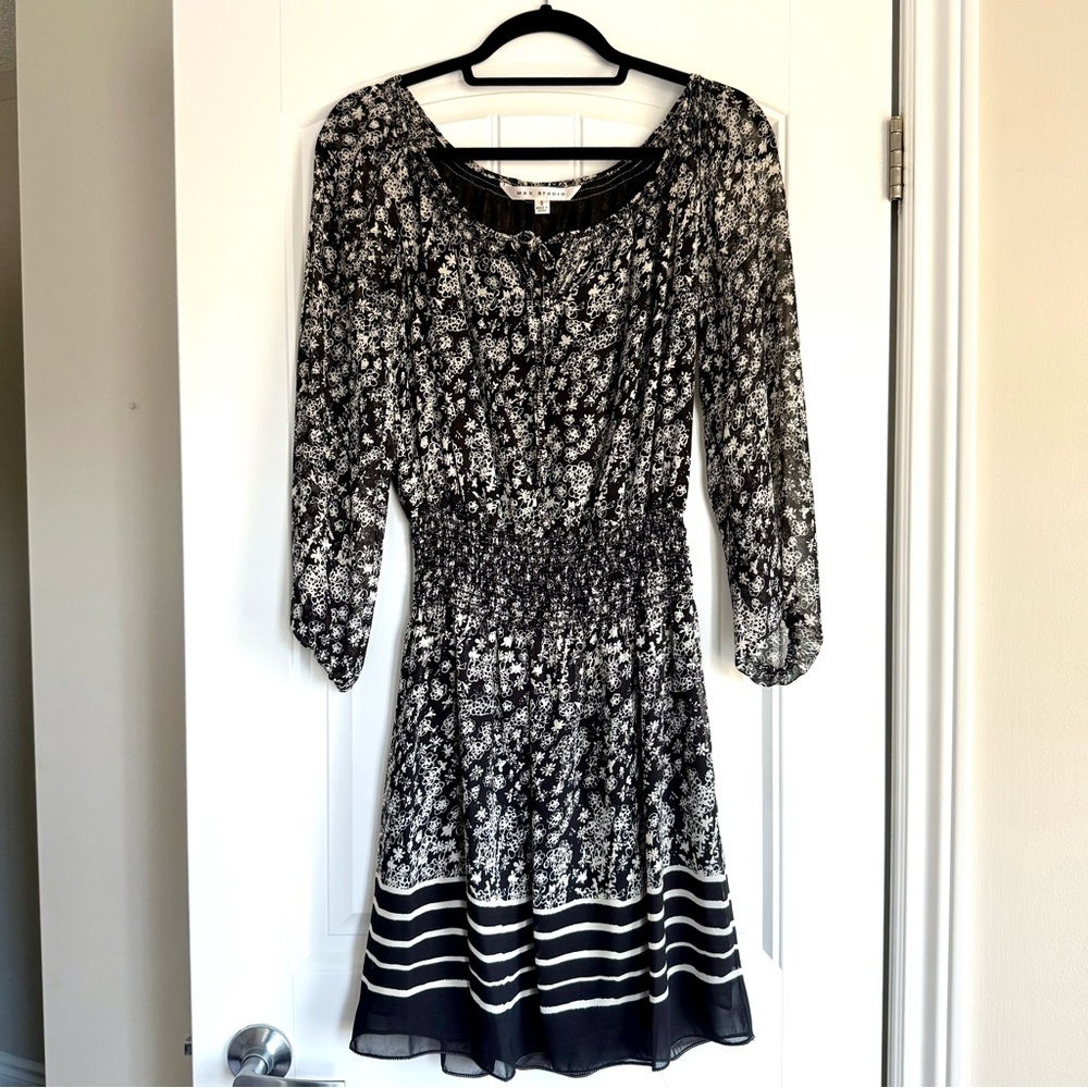 Max Studio Elegant Black and White Floral Dress with Sheer Sleeves, Size S